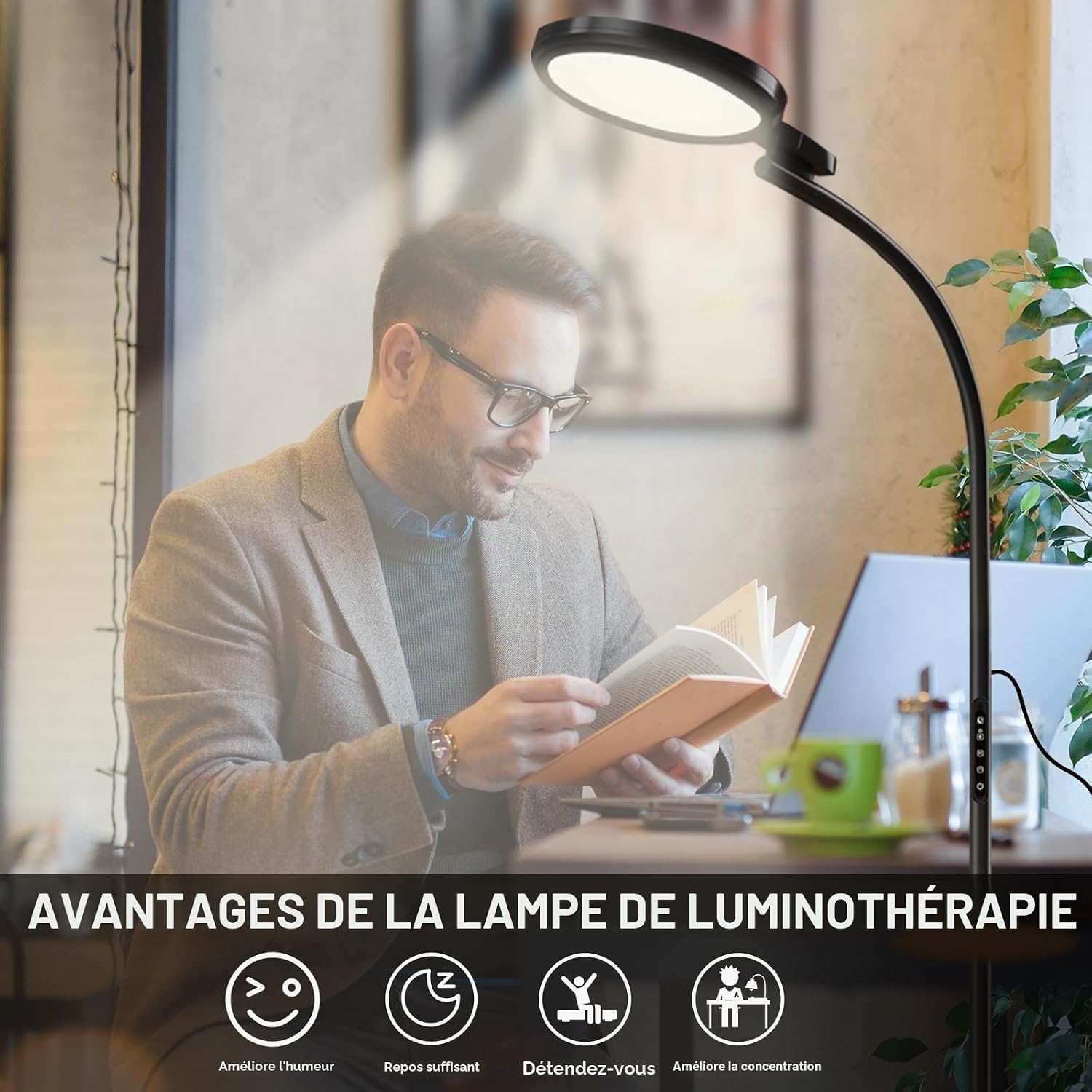 Lampe Lumière du Jour 10000 Lux 2 en 1 Bureau/Pied, Noir