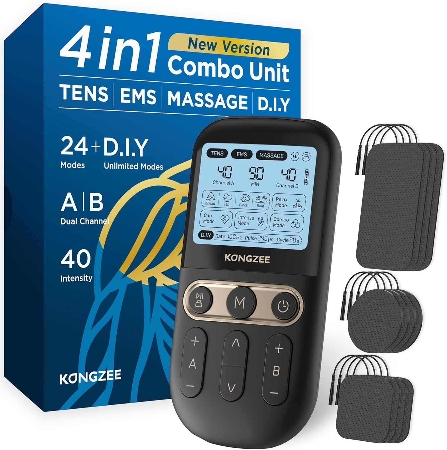 4 en 1 Unité DIY & Tens & EMS & Massage Stimulateur musculaire, Machine de thérapie à TENS pour soulager la douleur, Masseur d'impulsions électronique autorisé par la FDA, avec 12 électrodes (Noir)