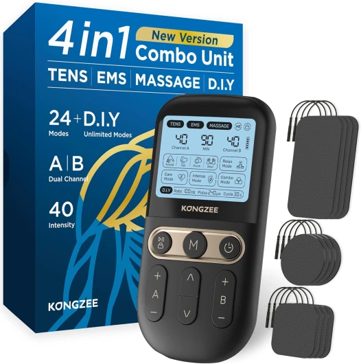 4 en 1 Unité DIY & Tens & EMS & Massage Stimulateur musculaire, Machine de thérapie à TENS pour soulager la douleur, Masseur d'impulsions électronique autorisé par la FDA, avec 12 électrodes (Noir)