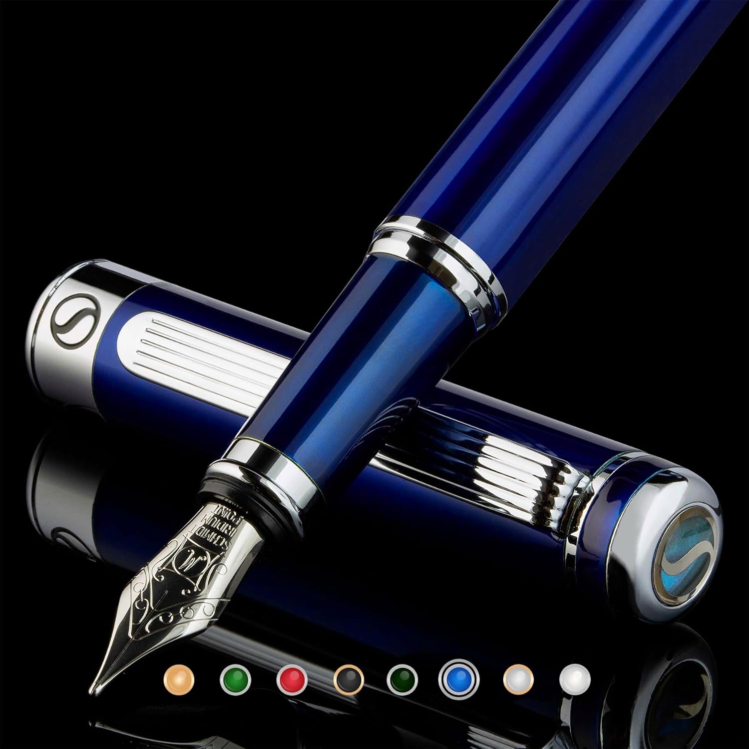 Stylo Plume Midnight Blue – Superbe Stylo avec Finition chromée, Plume Schmidt (Moyenne), Coffret Idéal pour Homme et Femme, Professionnel, Directeur, Bureau, Beau Stylo ,,Bleu Nuit avec Chrome Moyenne