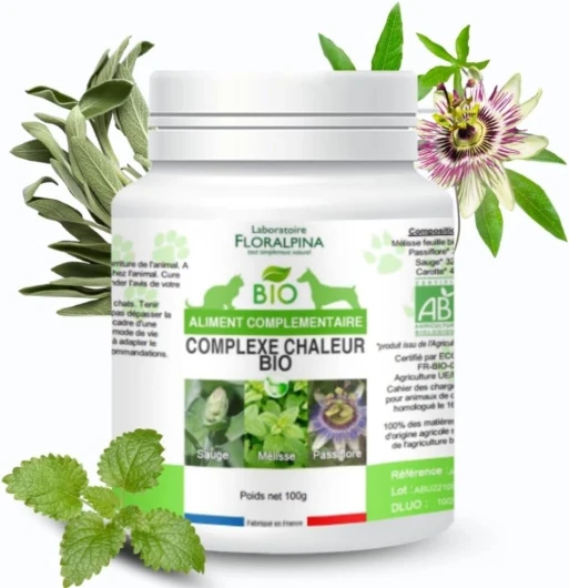Laboratoire Floralpina - Complexe Chaleurs Bio 100g pour Chien et Chat - Sauge, Houblon, Passiflore