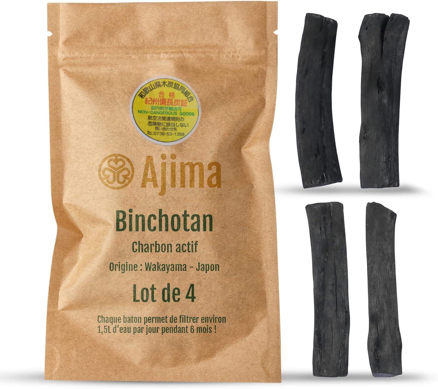 Ajima Binchotan Charbon Actif Eau - Baton de Charbon Bio Purificateur d'Eau Naturel x4 - Chaque Baton Filtre Environ 1.5 L - Charbon de Chêne de Wakayama Vrai - Idéal pour Filtrer l'Eau en Carafe