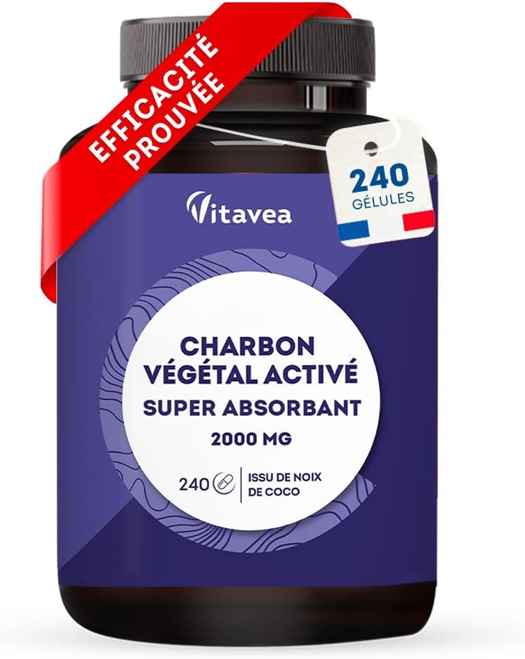 Charbon Actif Végétal Super Absorbant 2000 mg - 240 gélules - Charbon Végétal Naturel Issu de Noix de Coco - 1 mois - Fabriqué en France - Vitavea