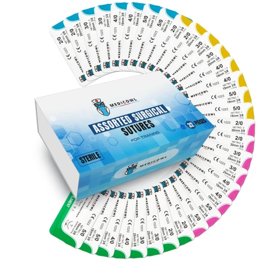 32 Fils de suture avec aiguilles pour entrainement; Recharge pour kit de suture chirurgicale - Cadeau pour étudiants en médecine étudiants vétérinaire et infirmiers, kit de suture pour entrainement