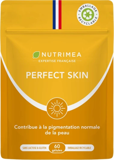 Préparateur et Accélérateur de Bronzage - Protection Solaire Naturelle - Teint Hâlé - Toutes Peaux - Bêta-Carotène et Bardane - PERFECT SKIN - 60 Gélules Vegan - Nutrimea - Fabrication Française