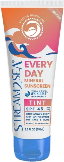 Crème solaire minérale SPF 45 Every Day Tint - 75 ml – Crème solaire biodégradable, sans paraben et sans danger pour les récifs - Crème solaire teintée non grasse pour le visage - Protection contre
