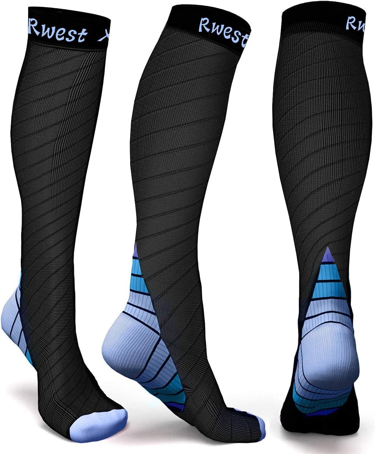 Rwest X Bas de Contention Femme et Homme, Chaussettes de Contention, Chaussette de Compression pour le sport, le fitness, la course, la randonnée, les voyages, le cyclisme 40-43 1 Paire Noir et Bleu