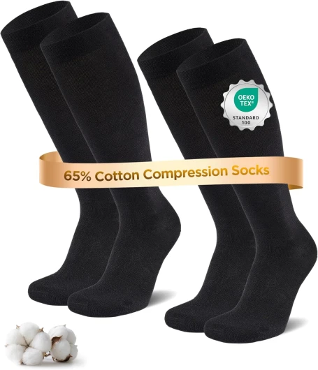 Chaussettes de Contention Femme & Homme – Lot de 2 Paires – 65% Coton – Bas de Compression Genou pour Sport, Voyage, Grossesse & Travail