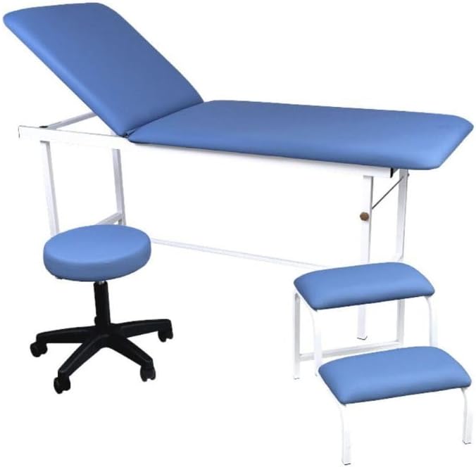 Pack Table d'Examen Médicale Zelia avec Tabouret et Marche-Pied Inclus, Manuel avec Verin à Gaz, Largeur 75 cm (Bleu)