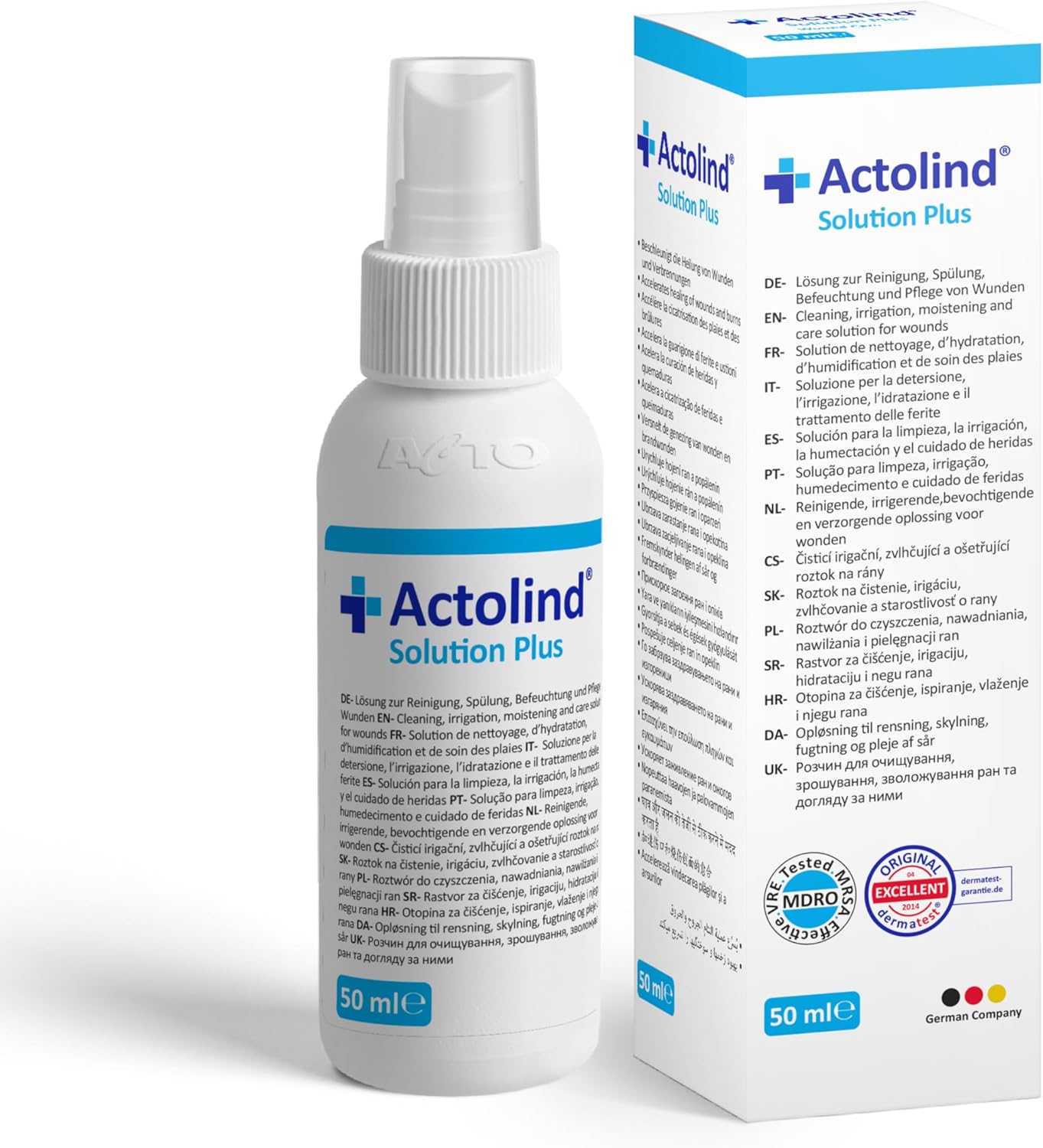 Actolind Solution Plus 50 ml – solution antiseptique pour irrigation des plaies - Nettoyage et hydratation indolores des plaies aiguës, chroniques et infectées - CE III, MPG, PHMB.