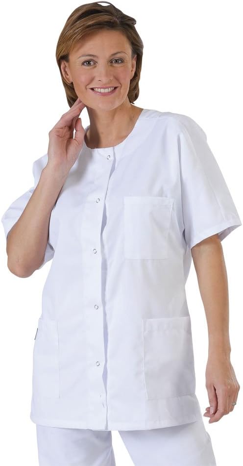 Label Blouse Tunique médicale Fermeture Pressions Centrale 3 Poches Sergé 210 gramme Couleurs Blanc Pressions inoxydables Centrale Lavage Machine 90 degrés ou Industriel