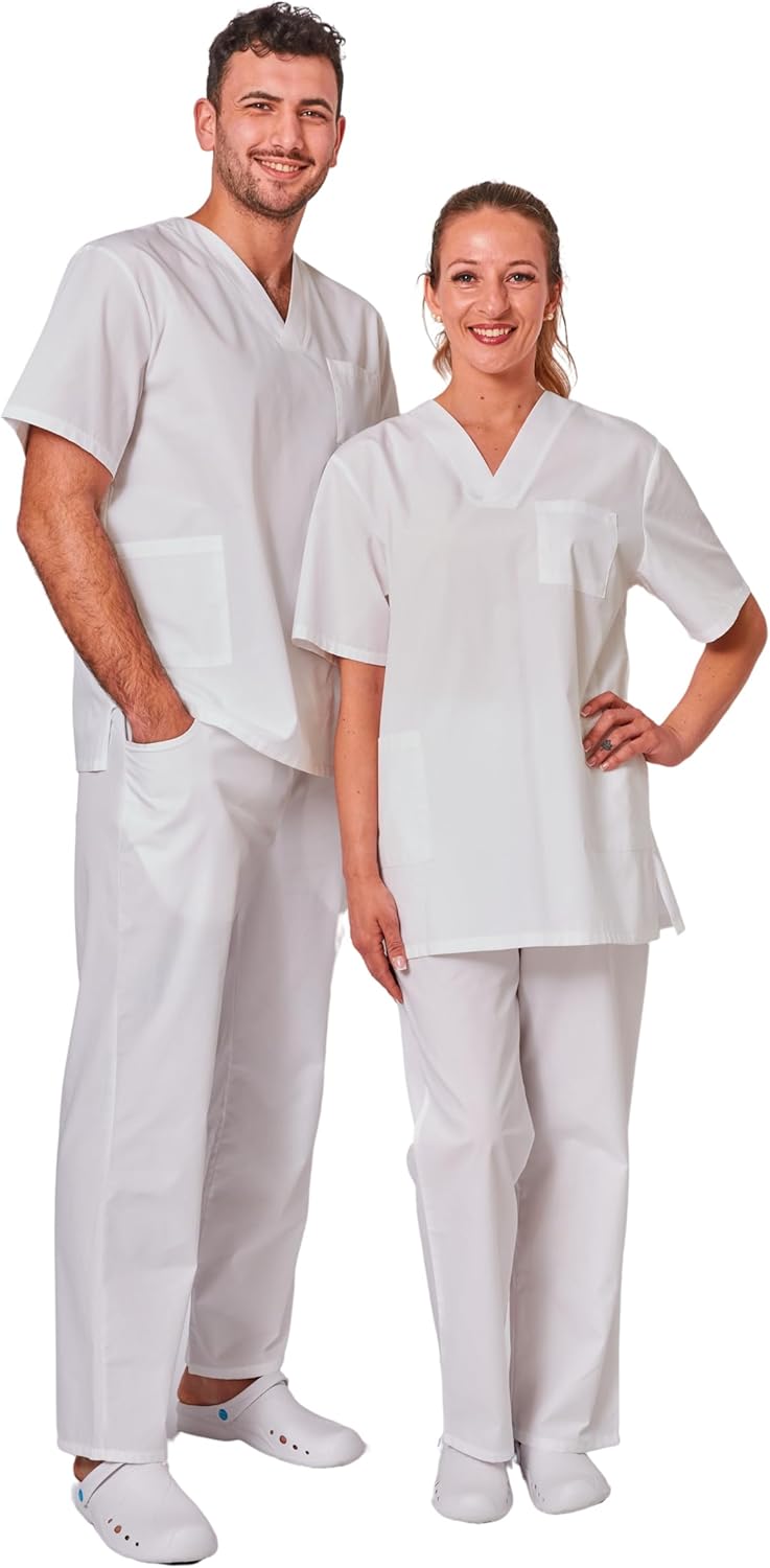 Ensemble Uniforme Medical Unisexe Blouse médicale col V et Pantalon Médical Nombreux Coloris du XS au 4XL Infirmière Aide Soignante Vétérinaire Dentisite XXL Blanc