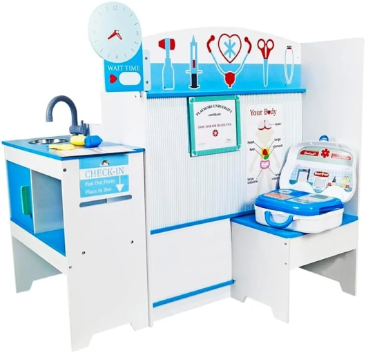 Cabinet médical en Bois Siper - Bleu -Jeu de Docteur pour Enfant, Jouet en Bois pour garçon en Fille, Centre de medecin 3 en 1 pour Enfant avec malette avec Accessoires
