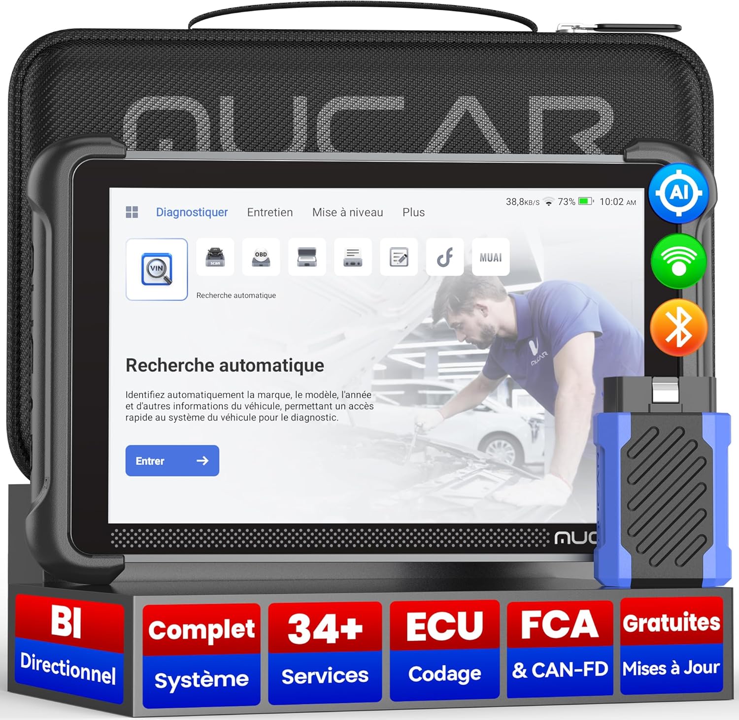892BT AI Valise Diagnostic Auto,Bidirectionnel obd2 Diagnostic Français,Codage ECU,34+ Réinitialisations,Diagnostic de Tous Les systèmes, Guide V.A.G, FCA AutoAuth, CANFD&DOIP, Gratuit à Vie MUCAR 892BT-FR