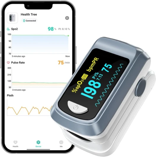 Oxymètre de pouls Bluetooth HealthTree, moniteur de saturation en oxygène du sang et moniteur de fréquence cardiaque pour Apple et Android, avec écran OLED inclus, 2 piles AAA et cordon Gray