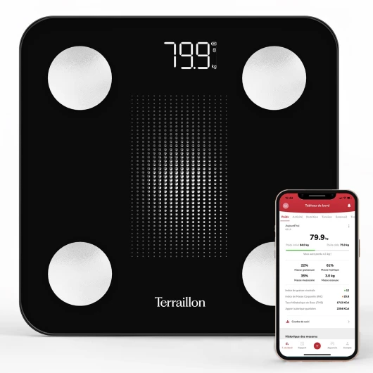 WEIGHT CONNECT - Balance connectée Bluetooth, Analyse des masses graisseuse, musculaire, hydrique et osseuse, IMC, Capacité 180 kg, Graduation 50g, Ecran LED, Plateau verre, Sérigraphié