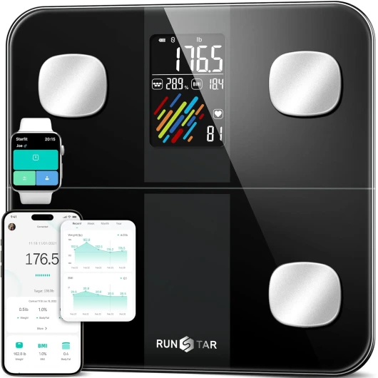 RunSTAR Pese Personne Intelligent, Balance Pese Personnes Haute Hrécision avec Grand Écran, Balance Connectée 15 Mesures Corporelles, IMC, Fréquence Cardiaque Synchronisation APP, 400lb, Noir Noir Large