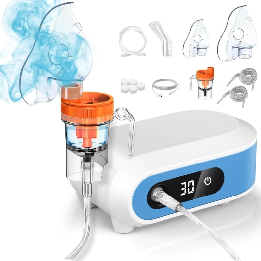 Nebulisateur Portable pour Adultes et Enfants, Nebulisateur à Ultrasons à Compresseur Silencieux Inhalateur avec Affichage Numérique e Minuterie Aerosol Bebe avec 2 Masques et Embout Buccal (Bleu)