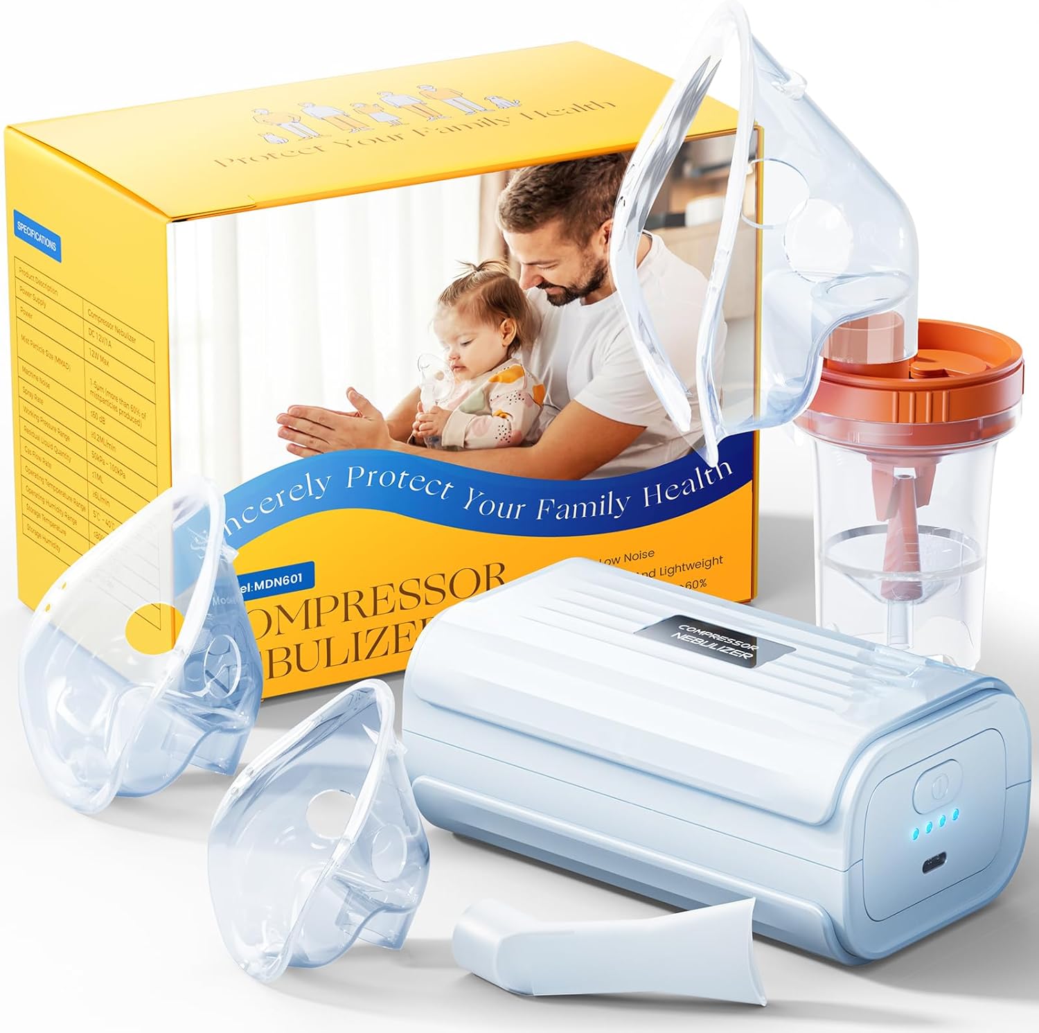 Nébuliseur à Ultrasons à Compresseur Silencieux - Nébuliseur Inhalateur Portable Puissance, Adapté Aux Enfants et Aux Adultes, Avec Tuyau Respiratoire et 2 Masques, Vitesse de Nébulisation Réglable