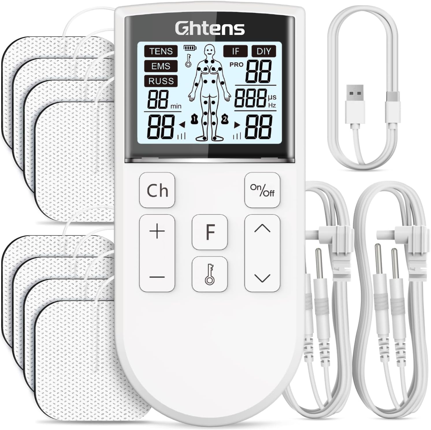GHTENS Électrostimulateur Musculaire 5 en 1: TENS/EMS/IF/RUSS/DIY, Appareil de Stimulation Électrique Rechargeable, 80 Programmes, 2 Canaux, 8 Électrodes, Soulagement de la Douleur et Massage Relaxant Blanc