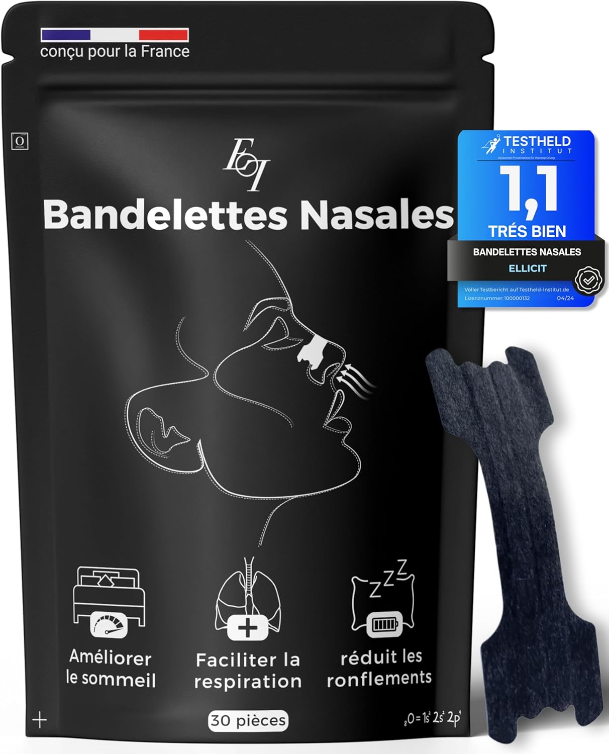 Ellicit® Bandelette nasale noir, 30 bande nasale premium, contre le ronflement, forte tenue pour le sport & meilleure qualité de sommeil, meilleure respiration en cas de nez bouché[taille universelle]