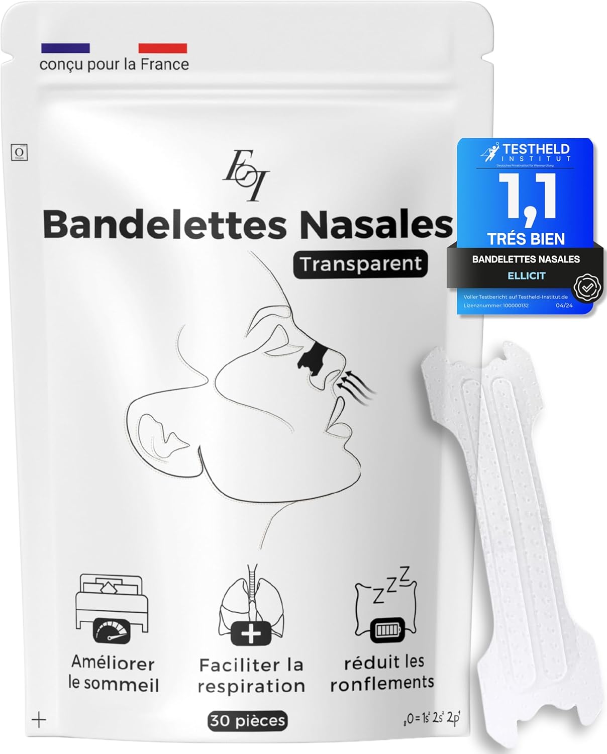 Ellicit® Bandelette Nasale Transparente, 30 bande nasale premium, contre le ronflement, forte tenue pour une meilleure qualité de sommeil,meilleure respiration en cas de nez bouché[taille universelle]