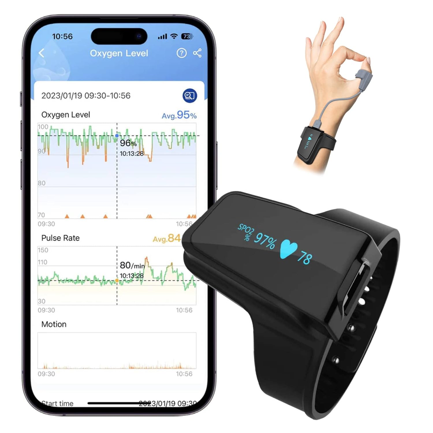ViATOM Oxymètre de Pouls Bluetooth,Oxymètre avec Mode de Surveillance Continue, Moniteur d'apnée du Sommeil Portable Oxymètre de Poignet avec APP Professionnel et Rapport Divisible