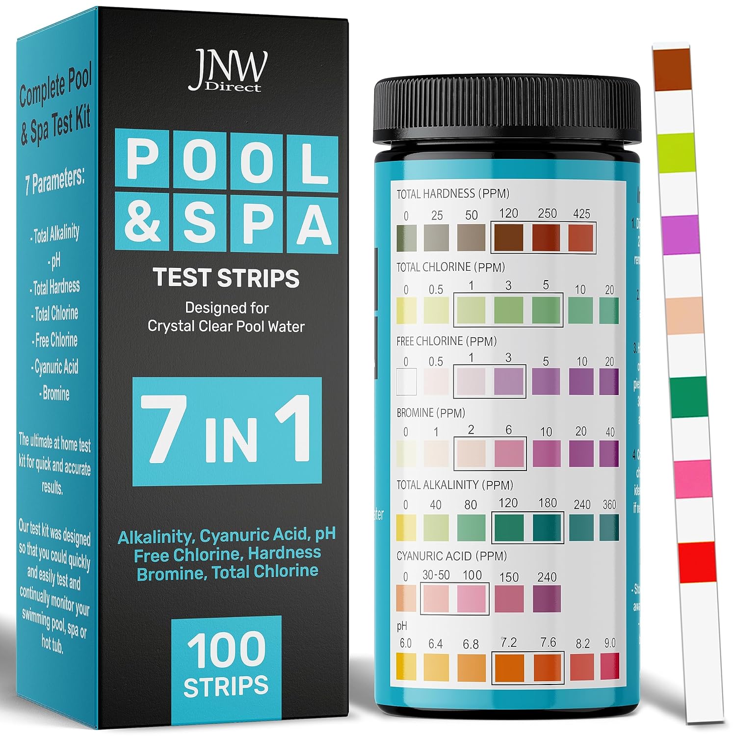 100 Bandelettes Spa et Piscine 7 en 1 - Test Brome, pH, Dureté et Chlore Rapide et Fiable - E-book Inclus - JNW Direct