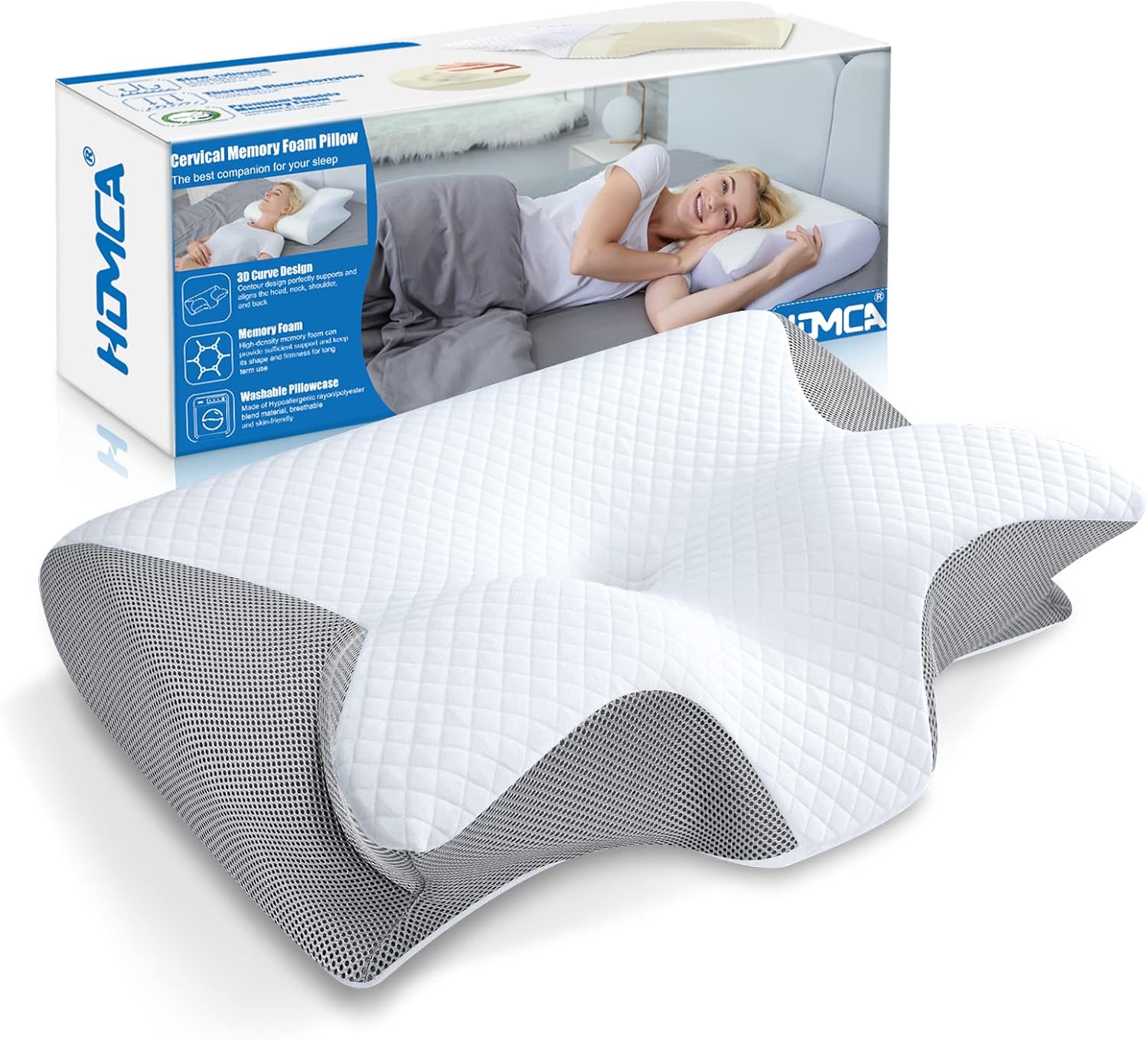 Oreiller Ergonomique Cervical, 2 en 1 Oreiller Orthopédique à Mémoire de Forme pour la Nuque, Coussin pour Dormir sur Le Côté et sur Le Dos, 60x40x12/14cm, Gris