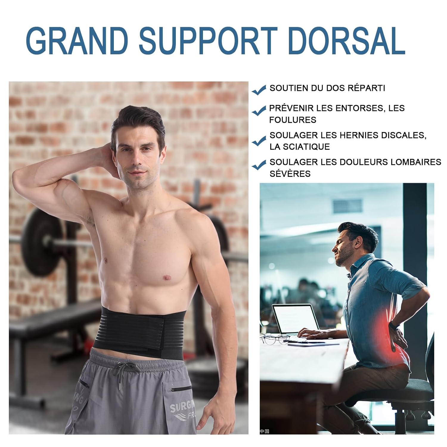 Ceinture de soutien lombaire avec 6 baleines Pour le soutien lombaire des hommes et femmes – le bas du dos pour soulagement de la douleur, réglable de soutien pour sciatique, scoliose XXL(Taille:115-138 cm)