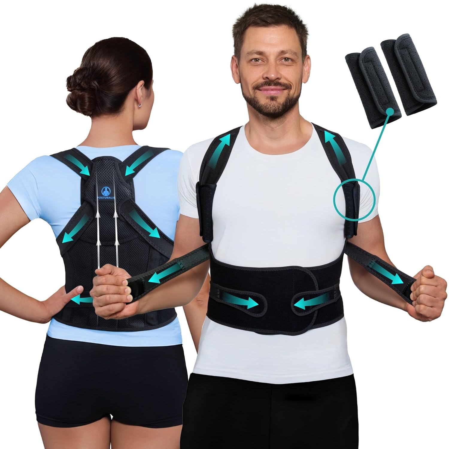 POSTURALIS Correcteur de Posture - Ceinture Dorsale/Lombaire et Redresseur de Dos pour Soulager les Douleurs au Dos et aux Épaules - Orthèse Réglable Homme/Femme avec 2 Supports d'Épaules, (L)