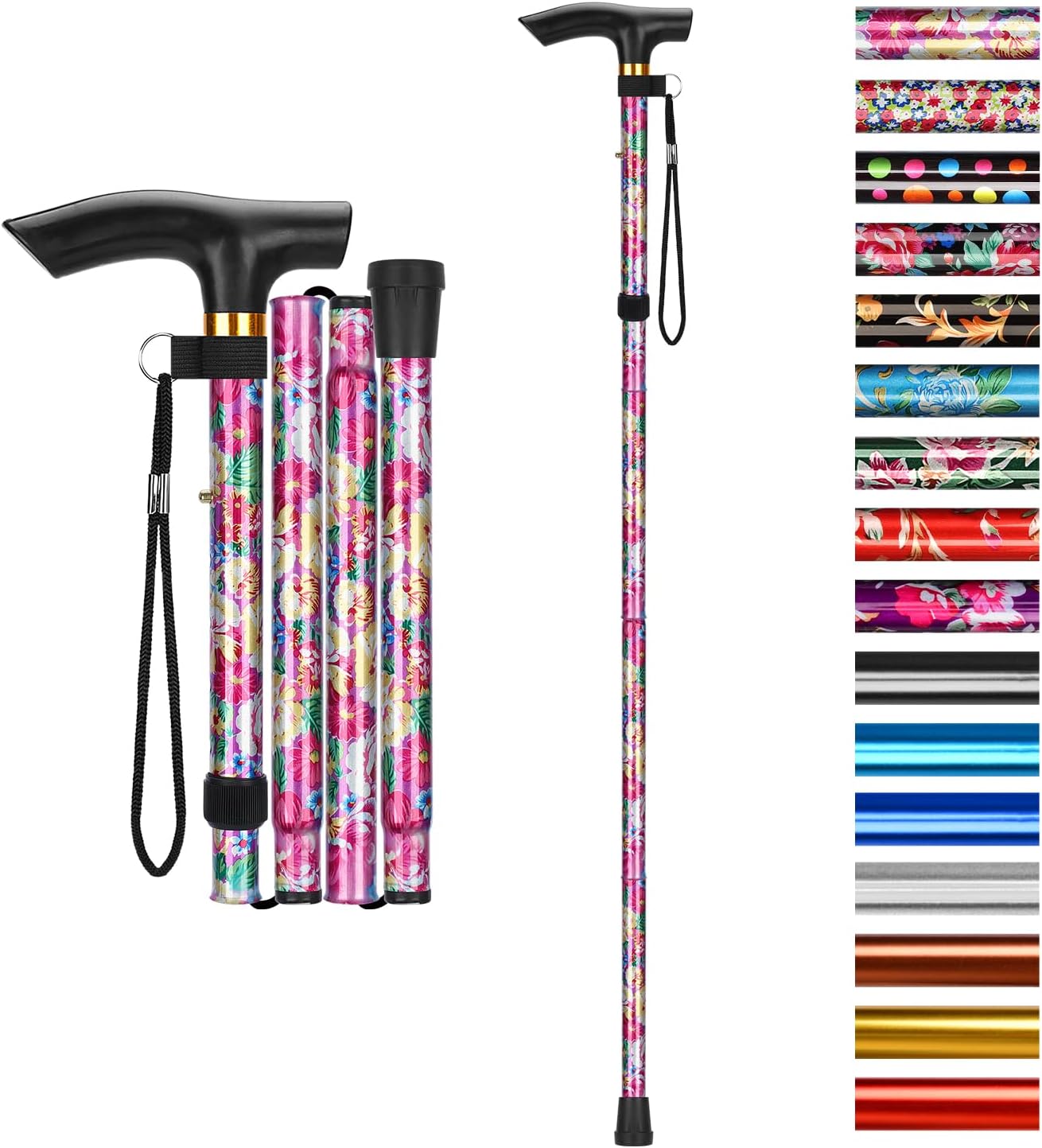 Canne Pliante, Hauteur Réglable à 5 Niveaux Canne de Marche Légère Portable Bâtons de Voyage avec Dragonne et Poignée en T pour Personnes Âgées Handicapées Hommes Femmes