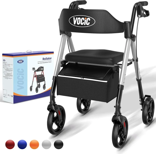 Deambulateur 4 roues pliable leger,Rollator en aluminium léger avec siège,Pour tous les terrains, Siège réglable en hauteur,Se range facilement dans le coffre,Argent Étoilé - Garantie de 5 ans