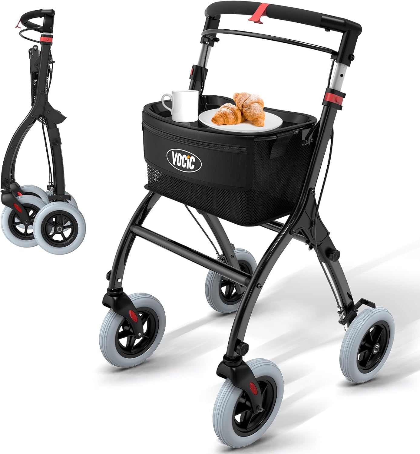 Z32 Déambulateur étroit pour appartement, déambulateur d'intérieur pliable et léger, stable avec spuer, pneu antidérapant silencieux, déambulateur pour personnes âgées, pliable & plateau, noir