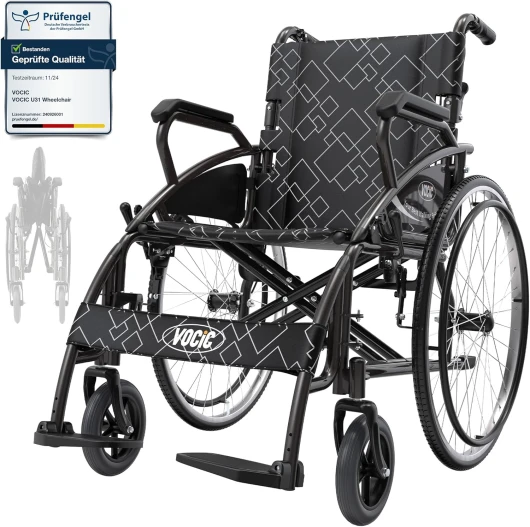 U31 Fauteuil roulant pliable leger 150KG,Aluminium Chaise roulante handicapé stable et robust,Fauteuil roulant de transport avec roues arrière 60cm pour tous les terrains,Garantie 5 ans-Gris