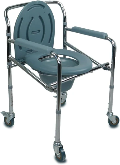, Chaise percée à roulettes, Mod - muelle, Marque européenne, Pot, Pliable, Réglable en hauteur, Toilette avec couvercle, Accoudoirs rembourrés, Freins, Acier chromé