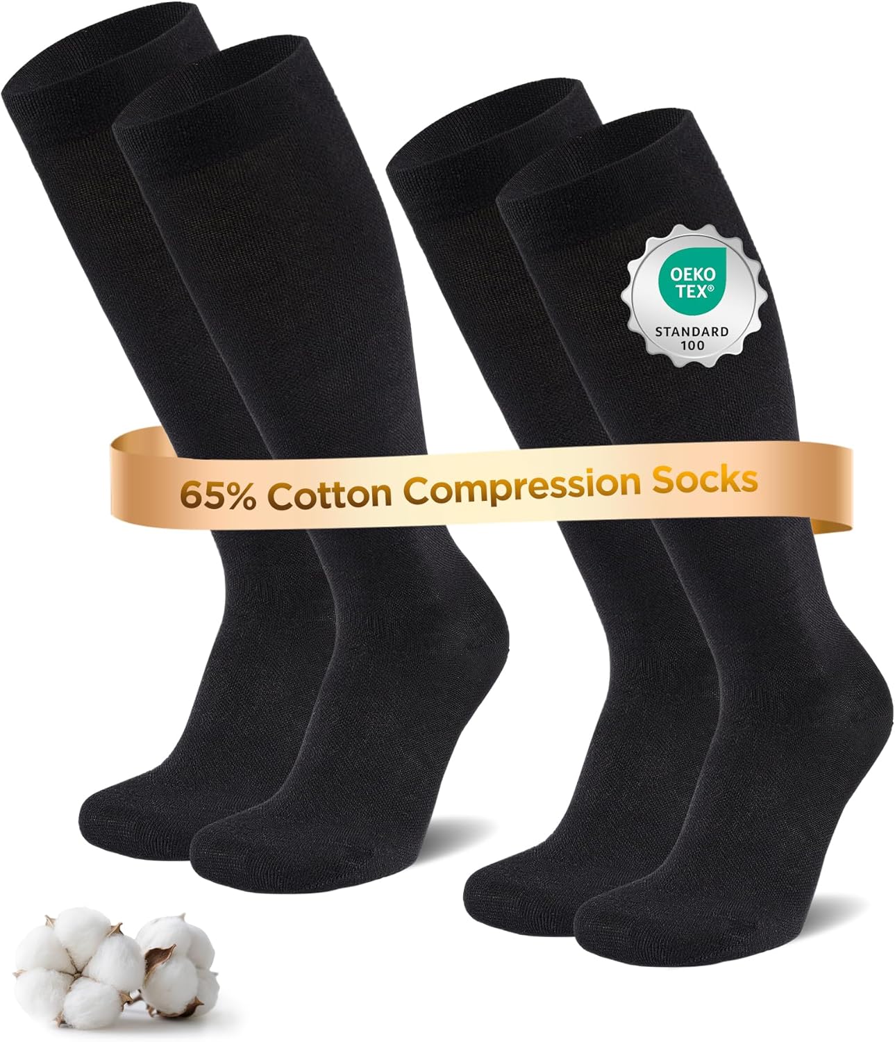 Chaussettes de Contention Femme & Homme – Lot de 2 Paires – 65% Coton – Bas de Compression Genou pour Sport, Voyage, Grossesse & Travail 39-42 Noir