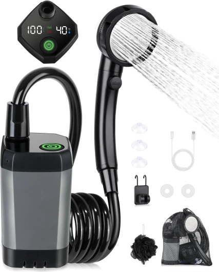 Kit Douche de Camping, Douche Portable,Pompe de Douche Électrique Rechargeable,Imperméable, avec Afficheur Intelligent et Pomme de Douche 4 Modes pour Extérieure,Camping,Randonnée Noir+Gris