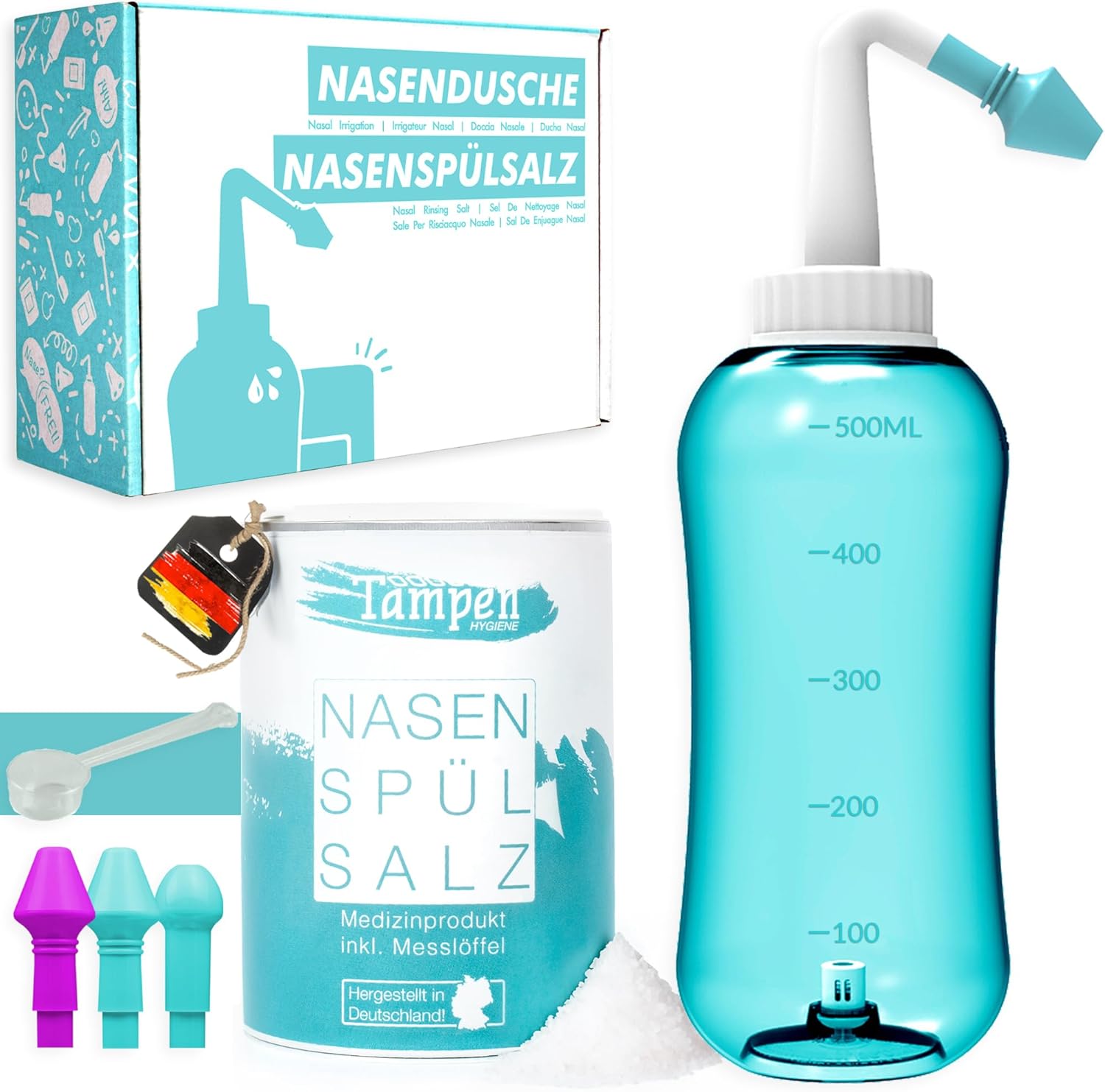 Tampen Douche nasale avec 120x Sel de rinçage nasal (300g) et 1 cuillère à mesurer · Lavage nez pour Adultes et Enfants premium