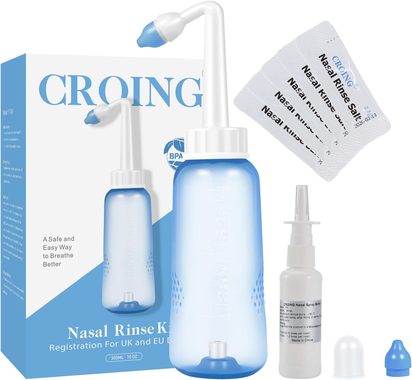 CROING - 40 Sachets de Sel + 1 x Flacon Lavage de Nez (300 ml) + 1 x Flacon Pulvérisateur Nasal (50 ml) - Kit Sinus Rinse/Irrigation Nasale/Neti Pot/Douche Nasale