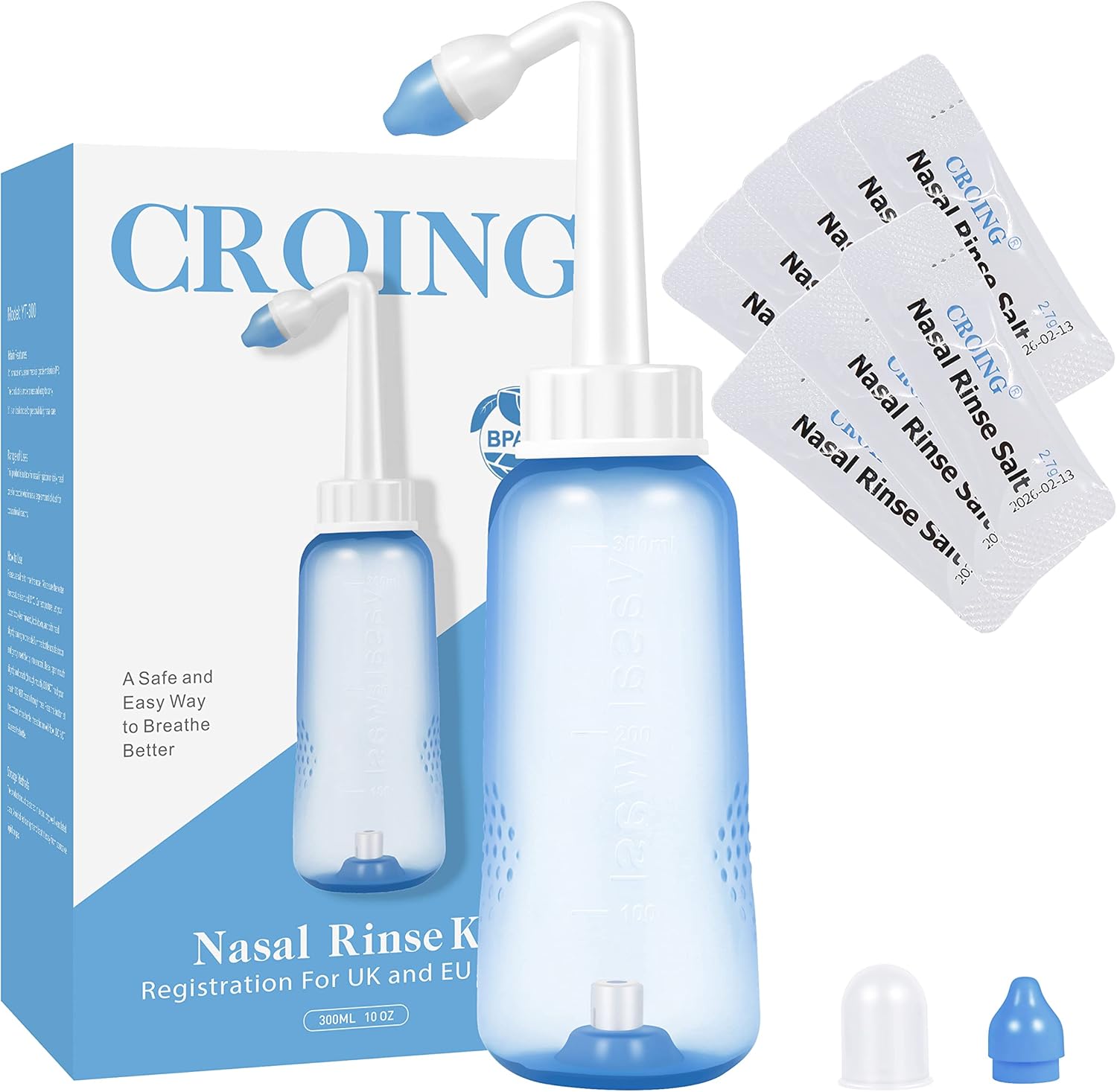 CROING -300ml Bouteille + 80 Sachets Sel Nasal - Kit Lavage de Nez/Sinus Rinse Kit/Kit de Rinçage des Sinus/Lavage Nez/Irrigation Nasale/Neti Pot - Douche Nasale