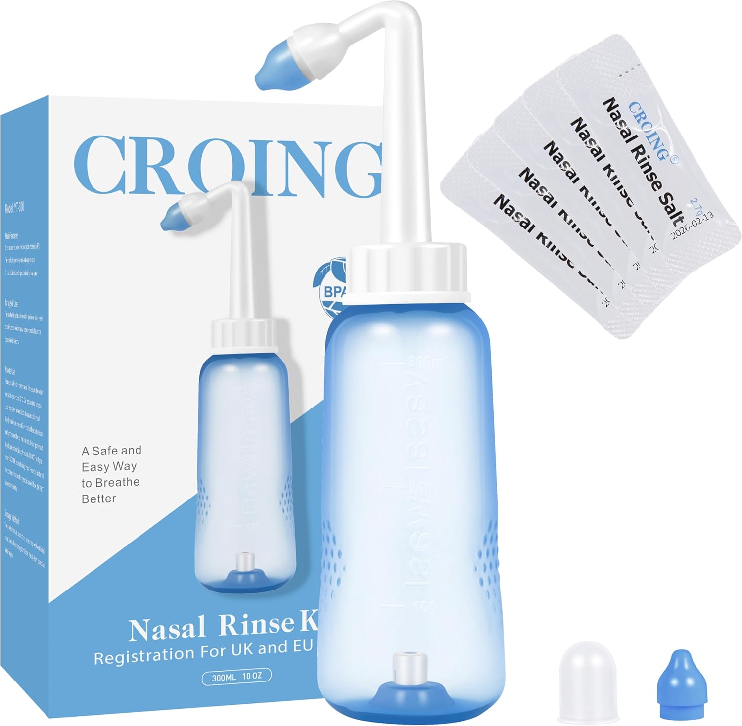 CROING 300ml Bouteille + 40 Sachets Sel Nasal - Kit Lavage de Nez/Sinus Rinse/Irrigation Nasale/Neti Pot/Douche Nasale 41 unité (Lot de 1)