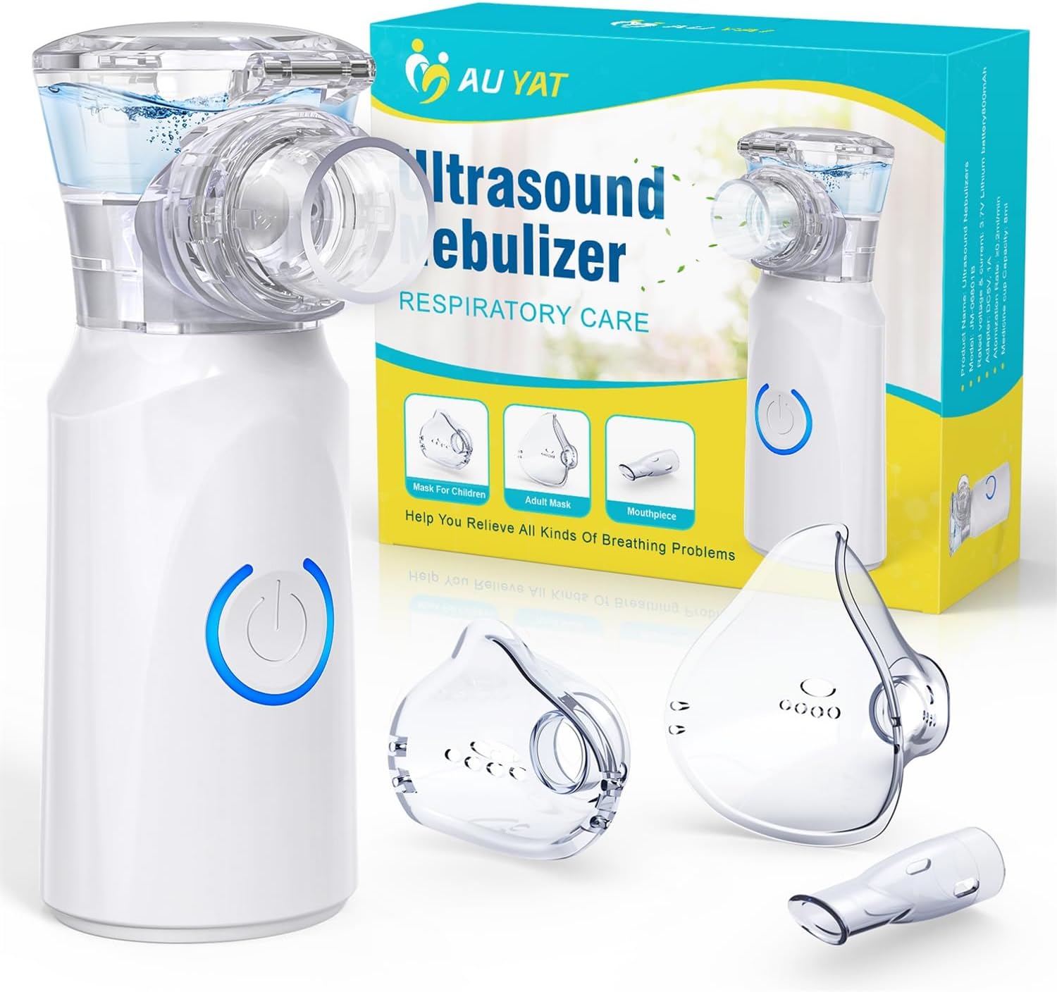 AU YAT Nebulisateur pour Adultes, Nebulisateur Portable Rechargeable pour Adultes et Enfants, Inhalateur Silencieux pour Enfants avec 2 Masques et Embout Buccal, pour Usage Domestique et en Voyage White