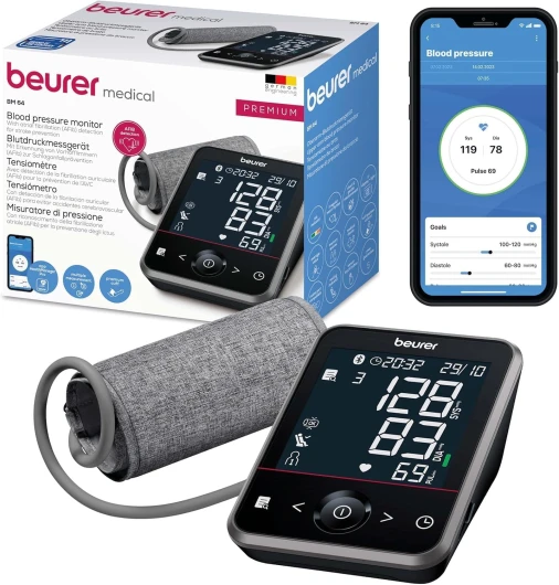 BM 64 Tensiomètre au bras, détection de la fibrillation auriculaire (AFib), prévention des accidents vasculaires cérébraux, connexion à l'application, brassard pour bras de 22 à 42 cm Premium : détection AFib et triple mesure