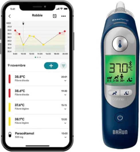 ThermoScan® 7+ connect Thermomètre auriculaire - Compatible avec l’application Braun Family Care™ - Technologie Age Precision® - Affichage numérique avec code couleur ThermoScan 7+ Connect