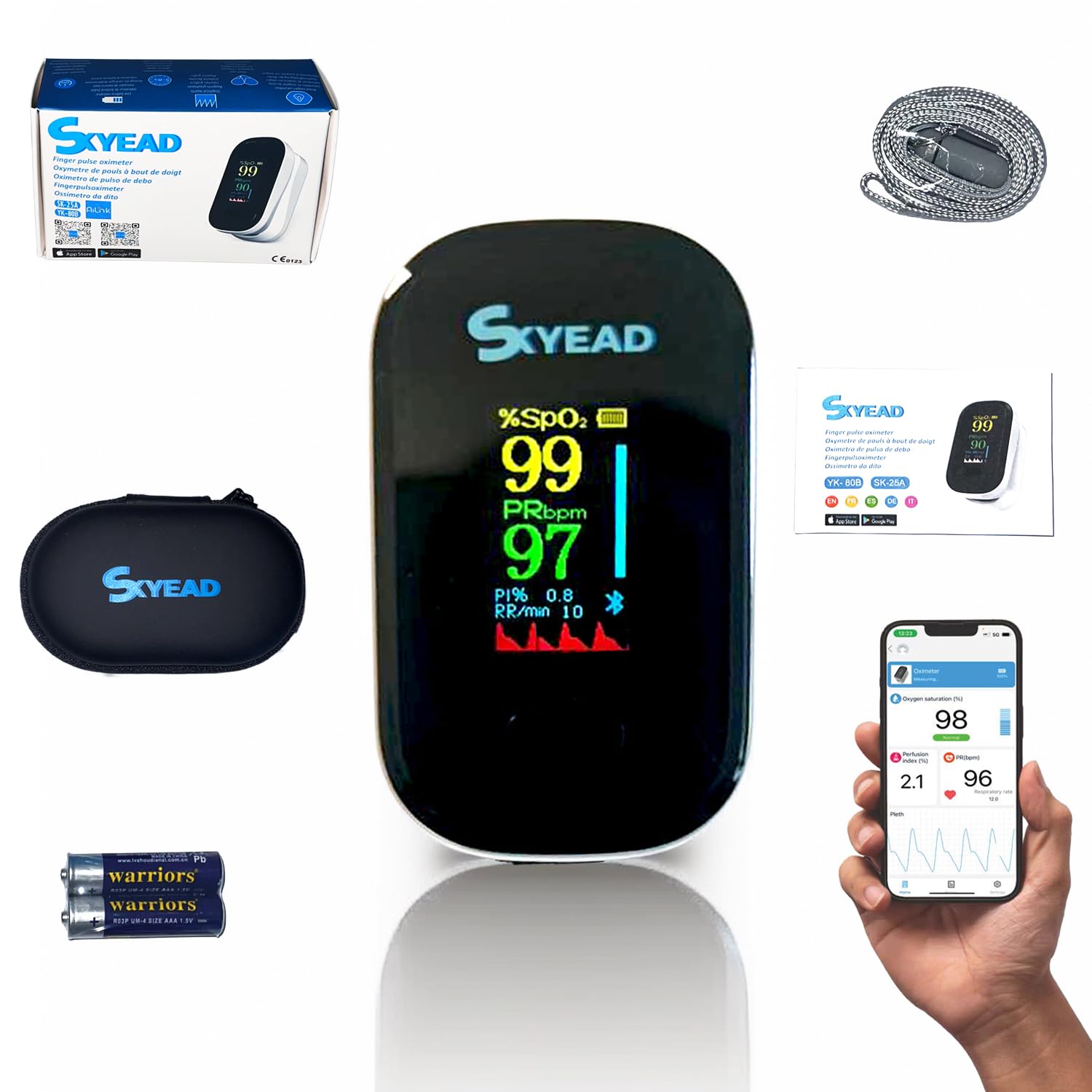Oxymètre de Pouls Bluetooth SKYEAD SK-25A – Suivi SpO2 & Fréquence Cardiaque – Écran HD OLED– Appli AILINK iOS/Android – Étui + Piles Inclus – Hommes/Femmes/Sport/Santé
