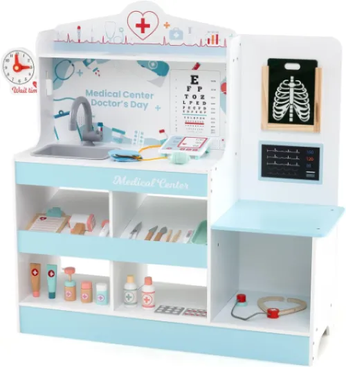 Centre Médical en Bois Enfants avec 24 Accessoires, Kit de Médecin Jouet avec Moniteur ECG Radiographies Tableau Optique Stéthoscope Tensiomètre, Étagère pour Garçons Filles 3+ Ans (Bleu)