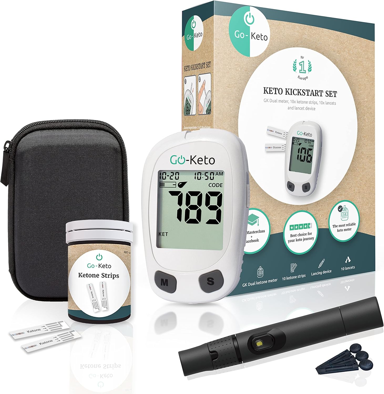 Go-Keto Kickstart Set mg/dl - Cétones Mesureur de sang, 10 bandelettes de test de cétone et autres accessoires - Ketone Check pour la maison et la route