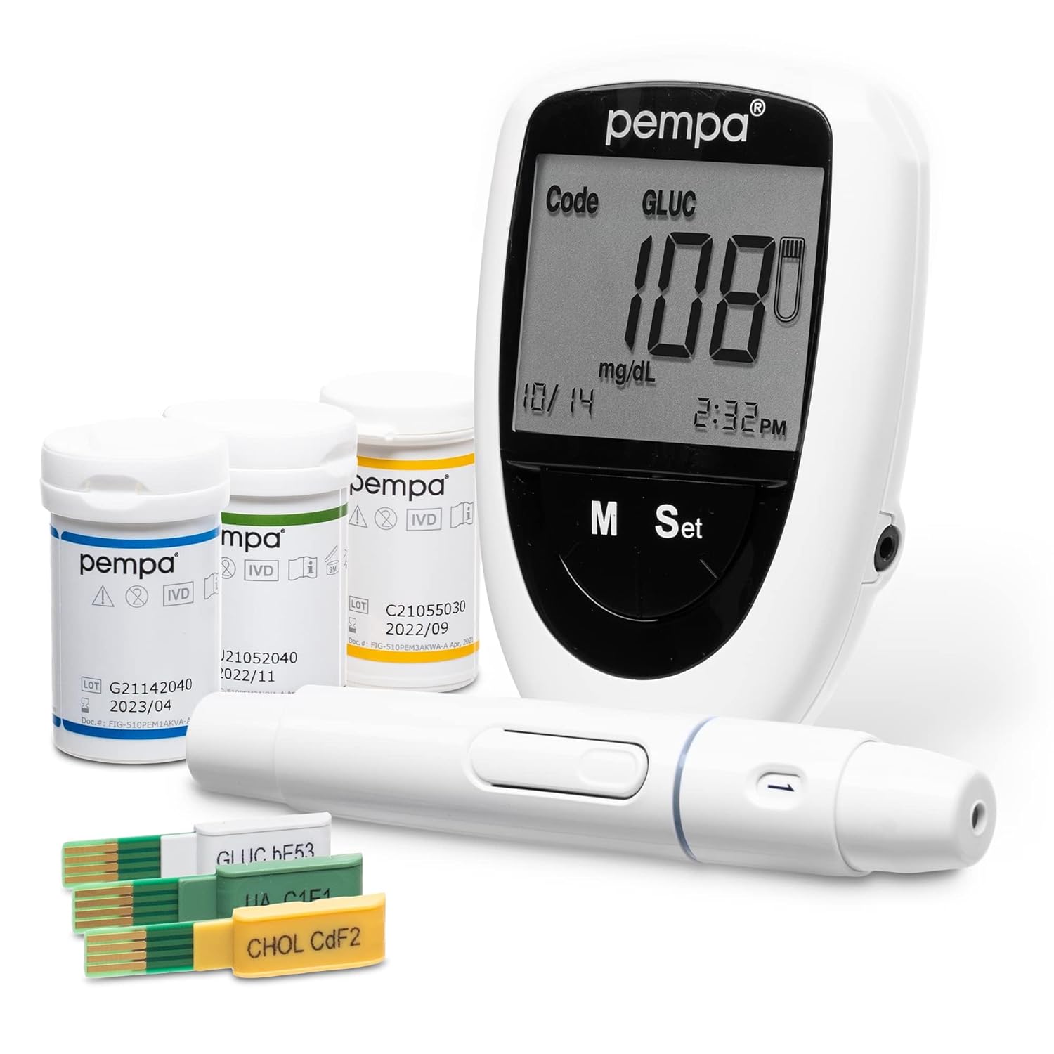 Pempa 3in1 Blood Glucose Monitor & Cholesterol Home Test Kit & Uric Acid Test Kit - Diabetes Testing Kit - Multifunction Glucometer Kit with Strips and Lancets