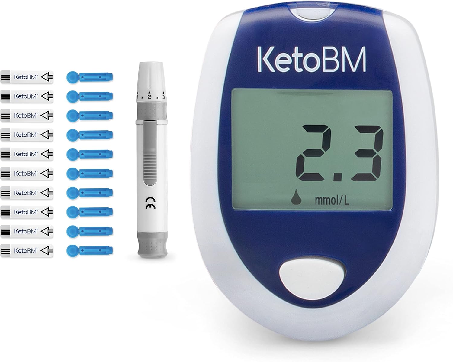 KetoBM Lecteur de cétone - Kit de test cétonique comprenant un lecteur de cétone portable, un autopiqueur, une housse de transport, 10 lancettes et 10 bandelettes de test